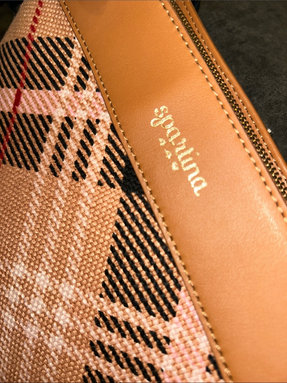 Spartina 449 Tan Nova Plaid Linen Leather Preppy Crossbody Bucket Tote Bag - Picture 15 of 16